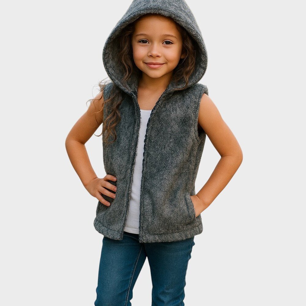 Tiffany Faux Fur Vest Girls M Gray Hooded Satin Lined Cozy Layer